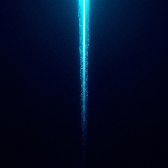 A narrow shaft of brilliant light cut deep into a vast dark mass, intensely lit for its whole descent but only one column wide