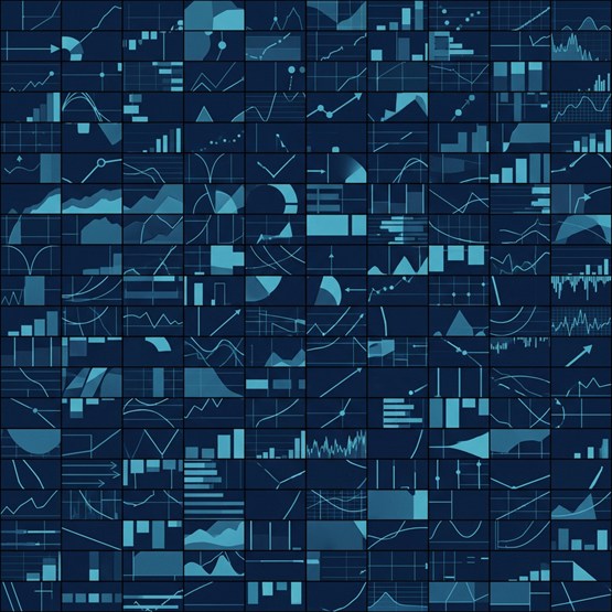 Hundreds of small flat panels tiled edge to edge, each showing a fragment of a chart, none showing anything whole