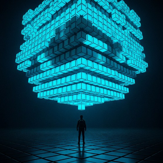 A massive cube built of many glowing cubes suspended overhead, a small figure dwarfed beneath it looking up at the weight