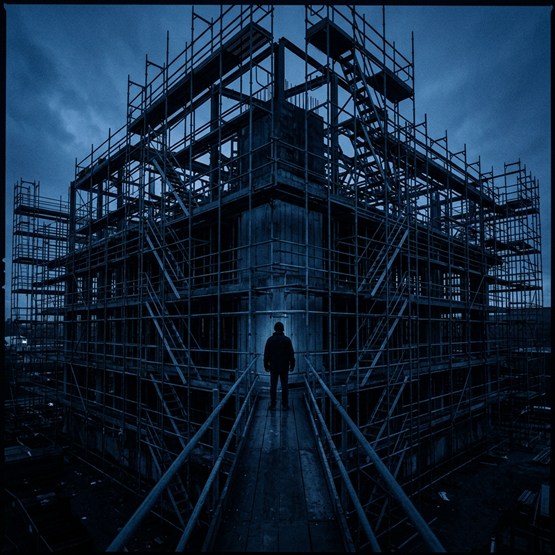 A lone figure standing inside dense scaffolding that surrounds and obscures the half-built structure it was erected to serve