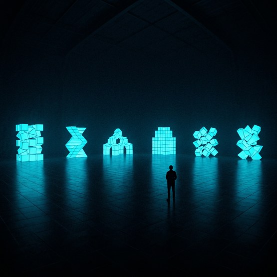 Six separate glowing cube structures standing far apart on a dark floor, a small figure dwarfed among them facing the scattered pieces