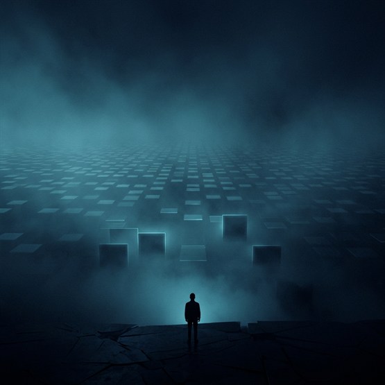 A lone figure facing a field of dashboard panels that runs to the horizon, a haze between them and the panels so only the nearest few resolve