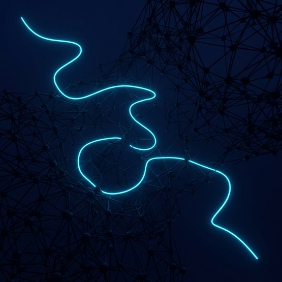 One bright unbroken thread winding across a dense dark lattice of nodes, clear along its whole length while everything it passes through stays unlit
