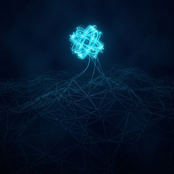 A small brilliantly lit knot of tangled threads floating above a large dark lattice of nodes, joined to it by only a few thin strands