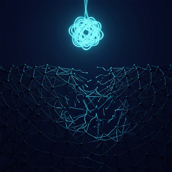 The same bright knot hanging serene above a dark lattice that is torn open beneath it, connections snapped and hanging loose