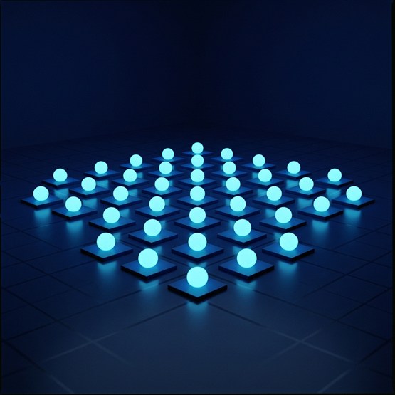 A calm evenly spaced grid of glowing spheres, each resting on its own level platform on a dark reflective floor