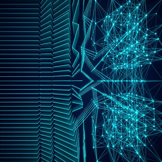 Flat stacked panels on the left tipping open as they cross the frame until they become a fully dimensional lattice of nodes and connections on the right