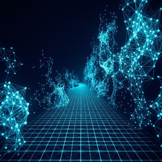 Standing inside an open space, looking down an off-center avenue over a luminous grid floor between tall lattices of nodes and connections