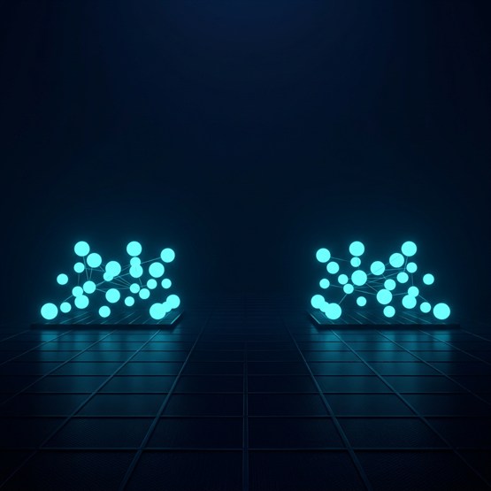 Two separate clusters of glowing nodes on a dark grid floor, a wide empty gap between them, nothing connecting the two