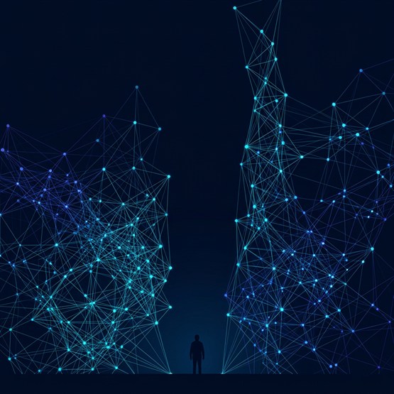 A lone figure at the bottom of a dark canyon between two towering lattices of nodes and connections, one broad and one tall, neither reaching the other