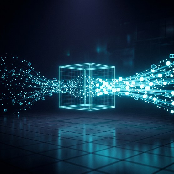 A glowing wireframe cube on a dark floor, scattered specks of light flowing into it from the left and emerging as bright ordered cubes on the right