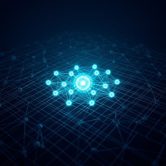 One bright node at the center of a receding grid plane, its callers and dependencies clustered close around it, the wider system dimming into the distance