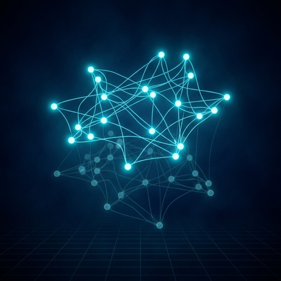 The same node cluster in two states at once, the current arrangement bright above and its previous positions ghosted below, dotted guides linking each node to where it moved